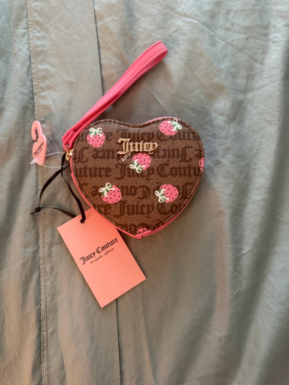 Juicy Couture Brown Heart Wristlet with Pink Strawberry Print